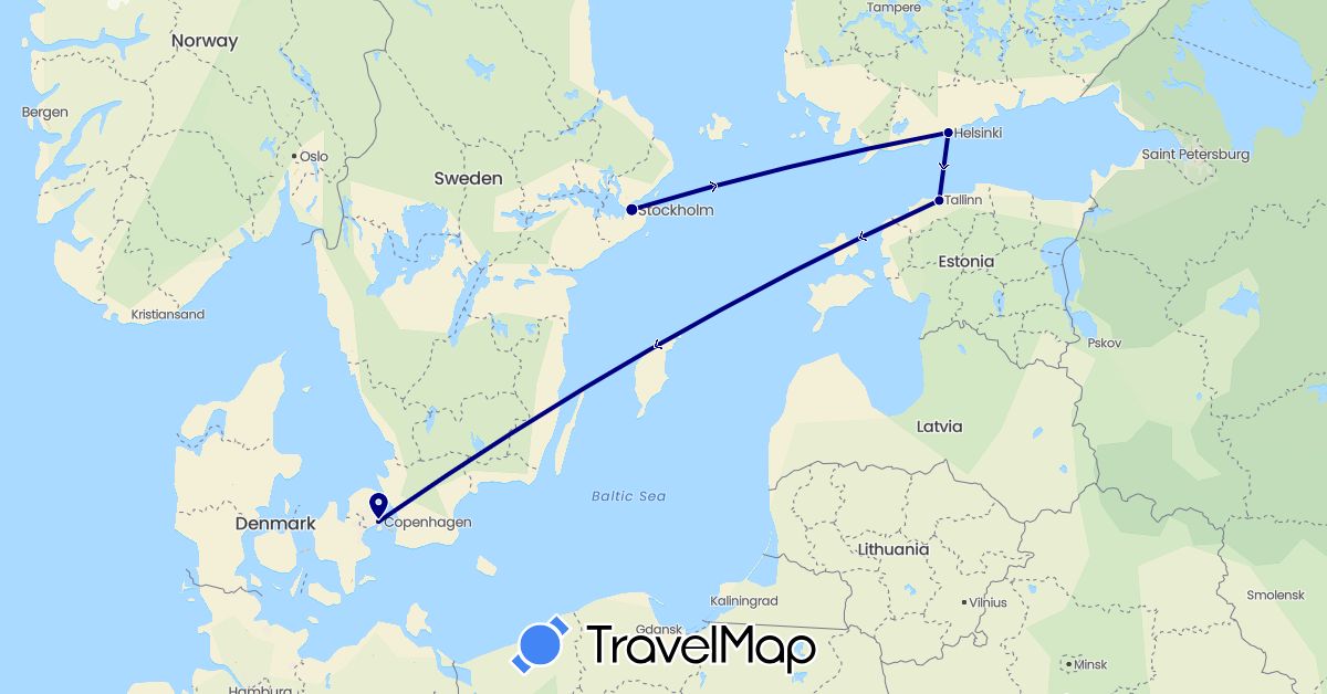 TravelMap itinerary: driving in Denmark, Estonia, Finland, Sweden (Europe)